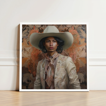 Framed Portrait Person Off-white Cowboy Hat Light Beige Gay Tamil, Dapper Queer, Dandy