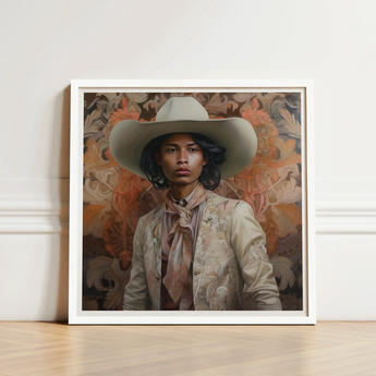 Framed Portrait Person Wide-brimmed White Cowboy Hat Ornate Gay Tamil, Dapper Queer, Dandy