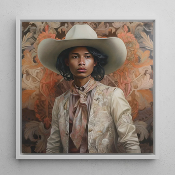 Arjuna - Gay Tamil Cowboy Dandy Art Print / Canvas Framed Portrait Person Off-white Cowboy Hat Embroidered Jacket Gay Tamil Cowboy, Dapper