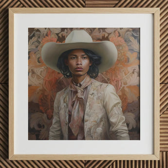 Arjuna - Gay Tamil Cowboy Dandy Art Print / Canvas Cowboy Hat Wide Brim Bandana Beige Color Gay Tamil Cowboy, Dapper Queer Tamil, Dandy