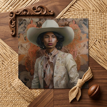 Arjuna - Gay Tamil Cowboy Dandy Art Print / Canvas Square Canvas Print Portrait Person Light Beige Cowboy Gay Tamil Cowboy, Dapper Queer