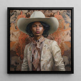 Arjuna - Gay Tamil Cowboy Framed Canvas, 12x12’’ / 31x31cm / Black Floating Frame, Portrait Person White Cowboy Hat Ornate Light-colored