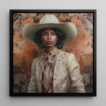Arjuna - Gay Tamil Cowboy Framed Canvas, 12x12’’ / 31x31cm / Black Floating Frame, Portrait Person White Cowboy Hat Ornate Light-colored