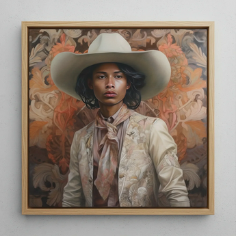 Arjuna - Gay Tamil Cowboy Framed Canvas, 12x12’’ / 31x31cm / Natural Floating Frame, Framed Oil Painting Person Cowboy Hat Floral Jacket