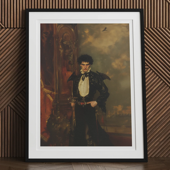 Armand - Gay Hispanic Vampire Art Print, 12x16’’ / 31x41cm / Black Frame / 2’’ Matboard, Framed Portrait Man Formal Attire Vampire Dracula