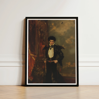 Black-framed Portrait Man Ornate Dark Attire White Ruffled Hispanic Vampire Art, Gothic, Lore