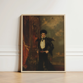 Framed Portrait Man Dark Ornate Attire Sword Hispanic Vampire Art, Gothic, Lore