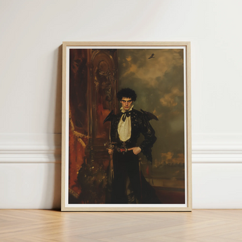 Framed Portrait Man Ornate Black White Historical Costume Hispanic Vampire Art, Gothic, Lore