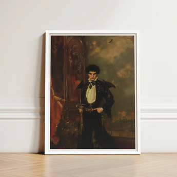 Framed Portrait Man Ornate Black White Historical Costume Hispanic Vampire Art, Gothic, Lore