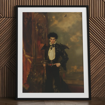 Armand - Gay Hispanic Vampire Art Print / Canvas Black-framed Portrait Man Ornate Dark Formal Attire Sword Hispanic Vampire Art, Gothic