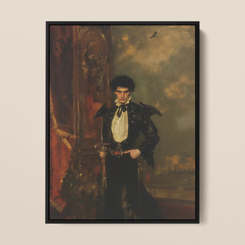 Armand - Gay Hispanic Vampire Framed Canvas, 12x16’’ / 31x41cm / Black Floating Frame, Framed Portrait Gothic Man