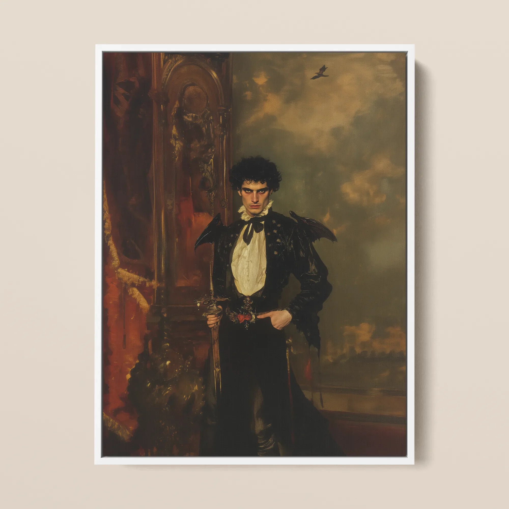 Armand - Gay Hispanic Vampire Framed Canvas, 12x16’’ / 31x41cm / White Floating Frame, Framed Portrait Man Black Ruffled Suit