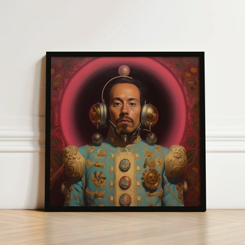 Framed Portrait Man Ornate Light Blue Gold Ceremonial Gay Mexican Astronaut, Aesthetic, Gayest