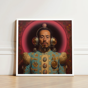 Framed Portrait Man Ornate Light Blue Gold Ceremonial Gay Mexican Astronaut, Aesthetic, Gayest