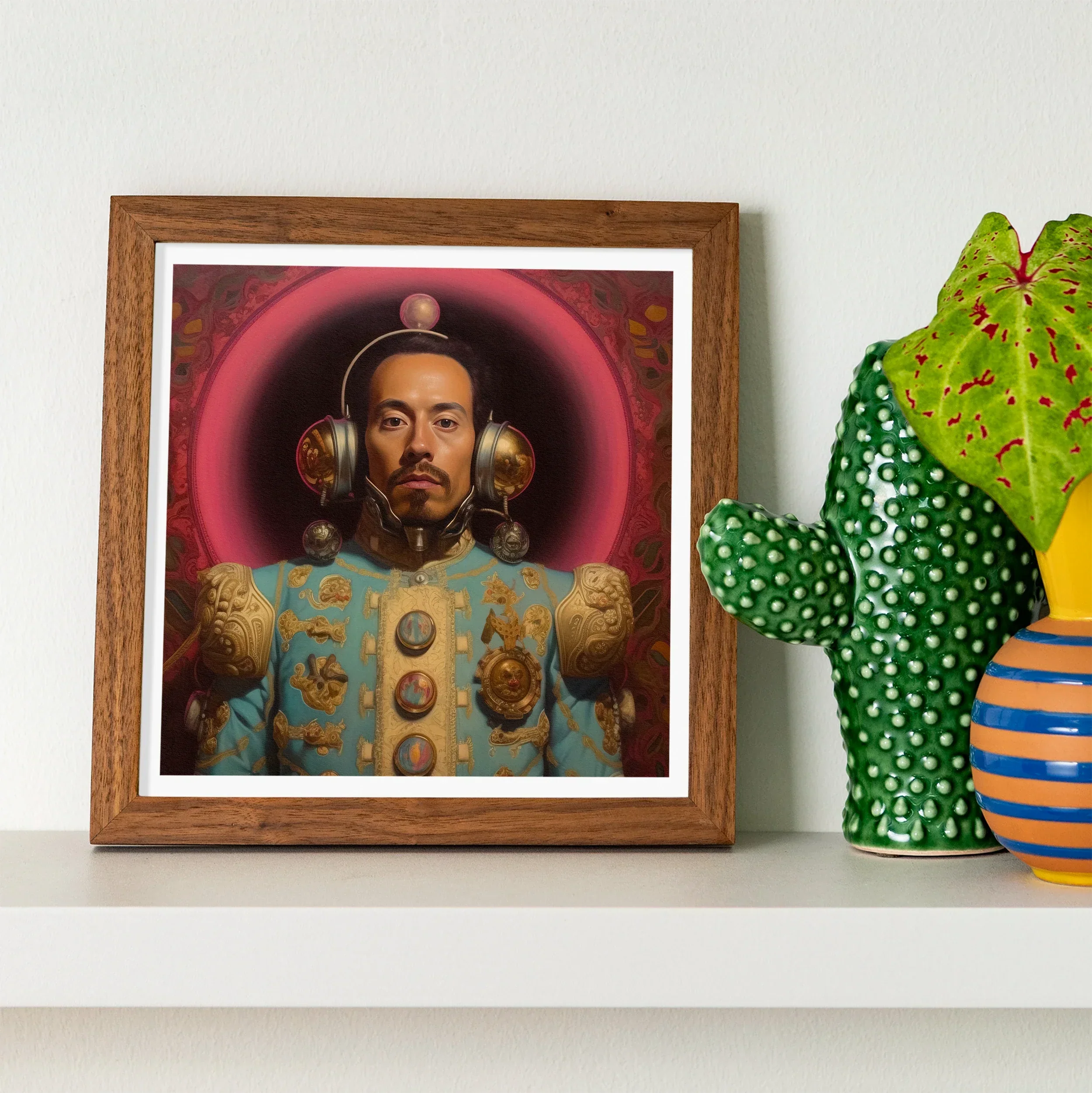 Armando Gay Mexican Astronaut Art Print, Framed Portrait Man Ornate Costume Headphones Pink Halo Like