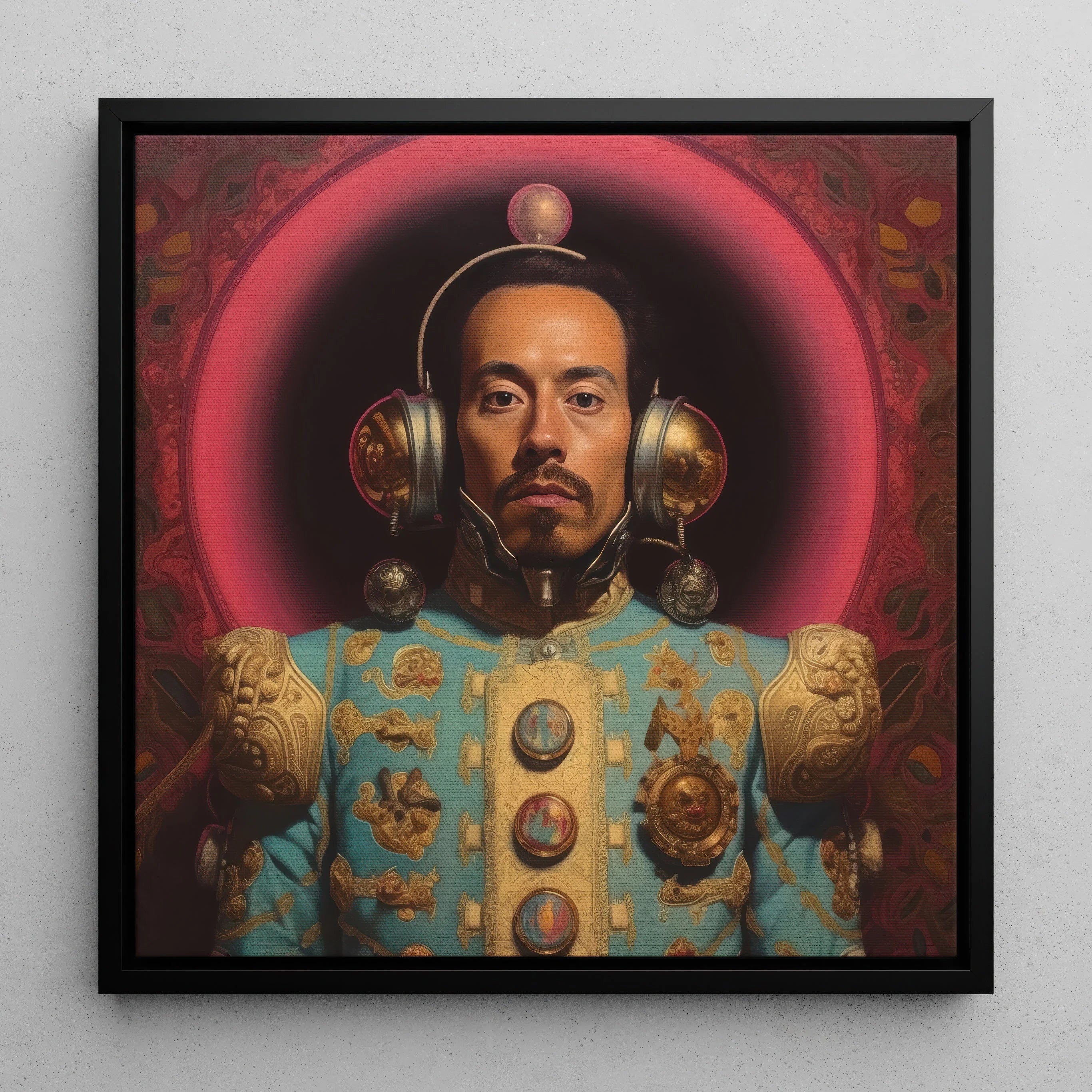 Armando - Gay Mexican Astronaut Framed Canvas, 12x12’’ / 31x31cm / Black Floating Frame, Portrait Man Ornate Turquoise Gold Costume