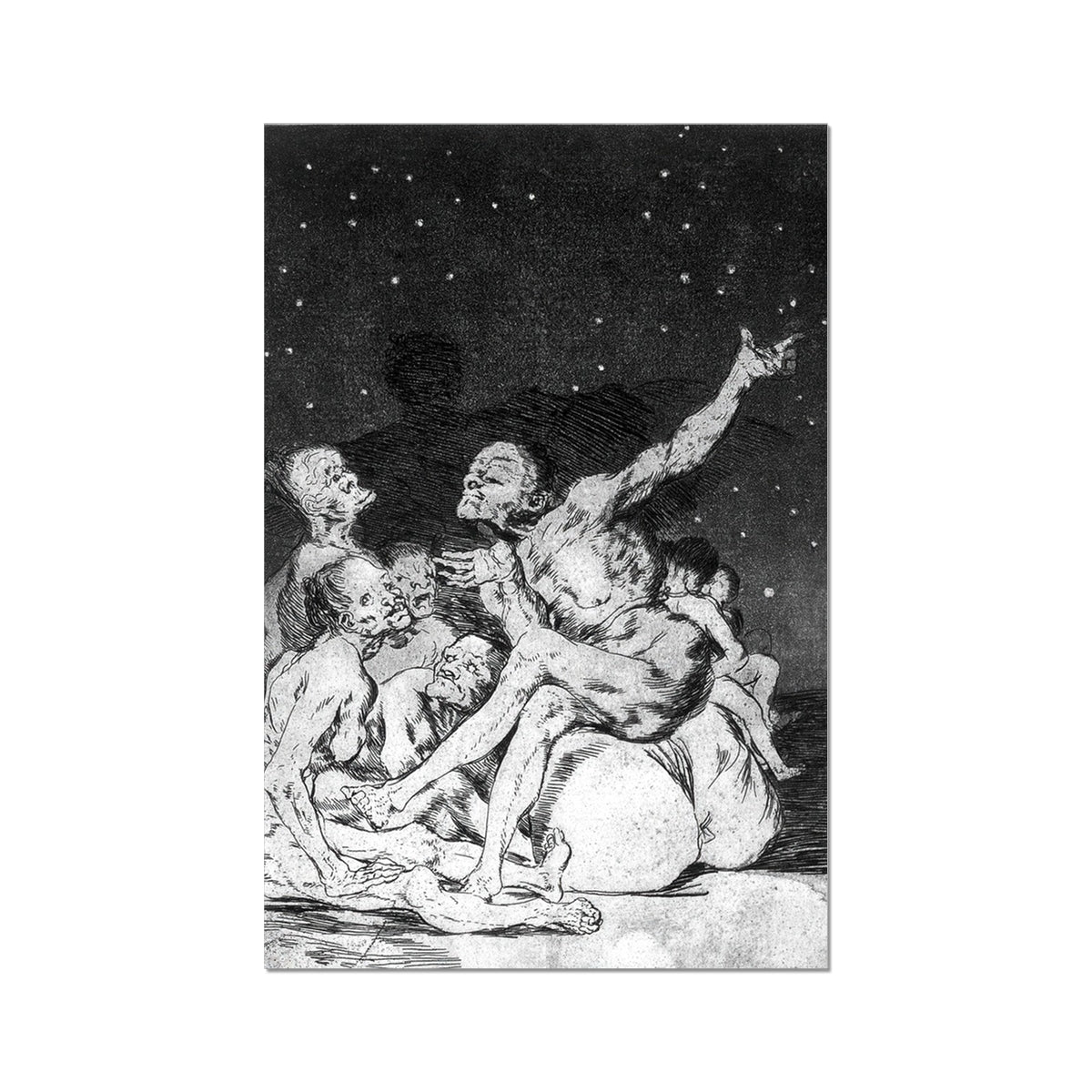 Arrival of Dawn and the Break-up a Witches’ Gathering - Francisco De Goya Fine Art Print, Black White Group Emaciated Figures Starry Night