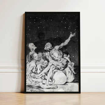 Black-framed Artwork Detailed Figures Expressive Dramatic Pose Starry Goya Stages, Ignorance Personified, Witches Gathering