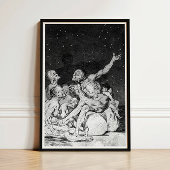 Black-framed Artwork Detailed Figures Starry Night Sky Goya Stages, Ignorance Personified, Witches Gathering