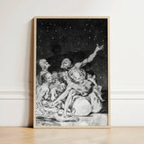 Framed Black-and-white Celestial Scene Figures Upward Encased Light Goya Stages, Ignorance Personified, Witches Gathering