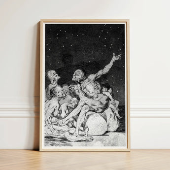 Framed Black-and-white Dramatic Scene Figures Starry Sky Enclosed Goya Stages, Ignorance Personified, Witches Gathering