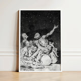 Framed Black-and-white Print Detailed Figures Expressive Dramatic Pose Goya Stages, Ignorance Personified, Witches Gathering
