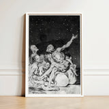 Framed Black-and-white Print Detailed Figures Starry Night Sky Goya Stages, Ignorance Personified, Witches Gathering