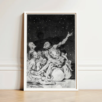 Framed Black-and-white Print Detailed Figures Starry Night Sky Goya Stages, Ignorance Personified, Witches Gathering