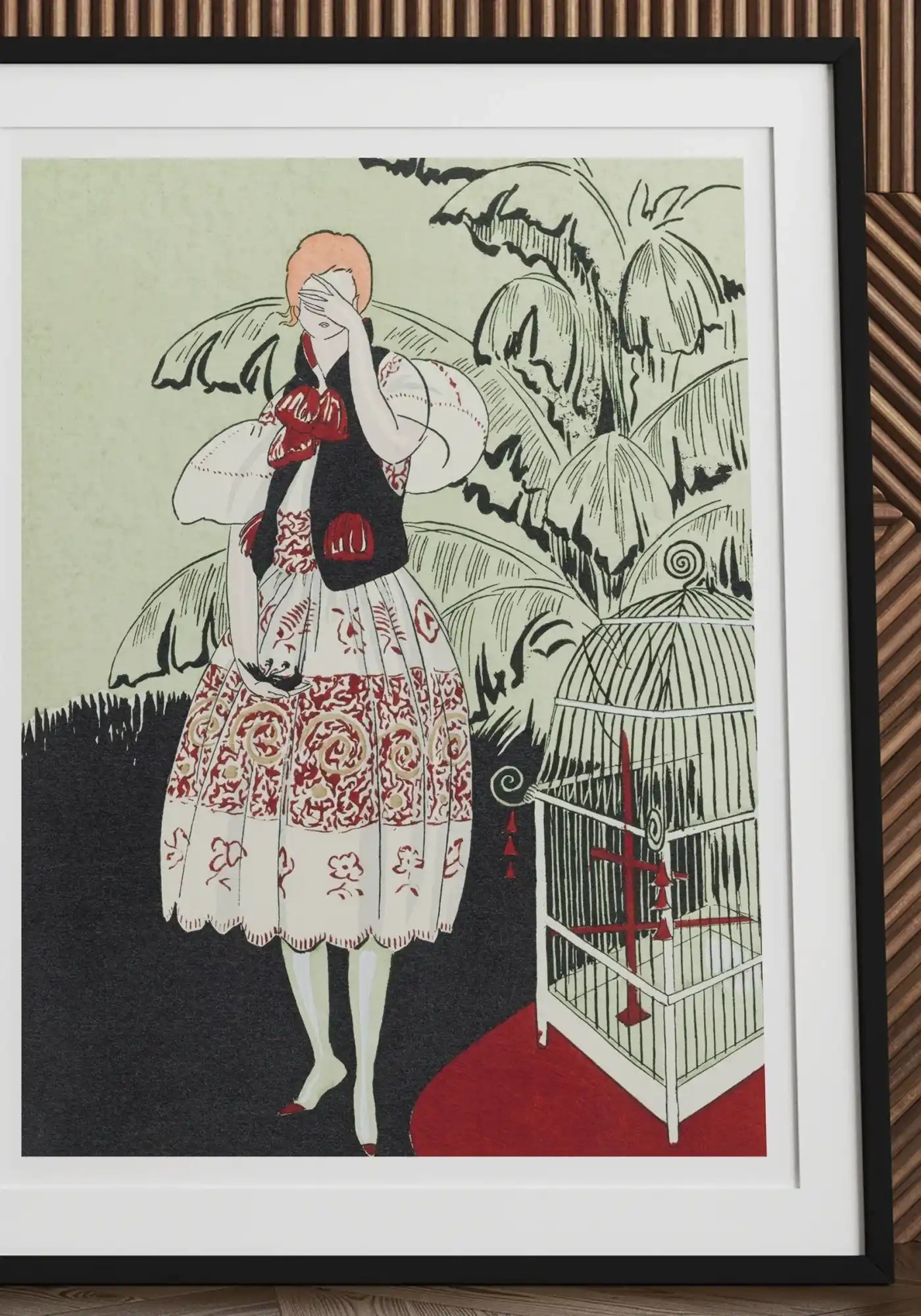 Art deco style illustration of a figure in a patterned dress standing next to a birdcage.