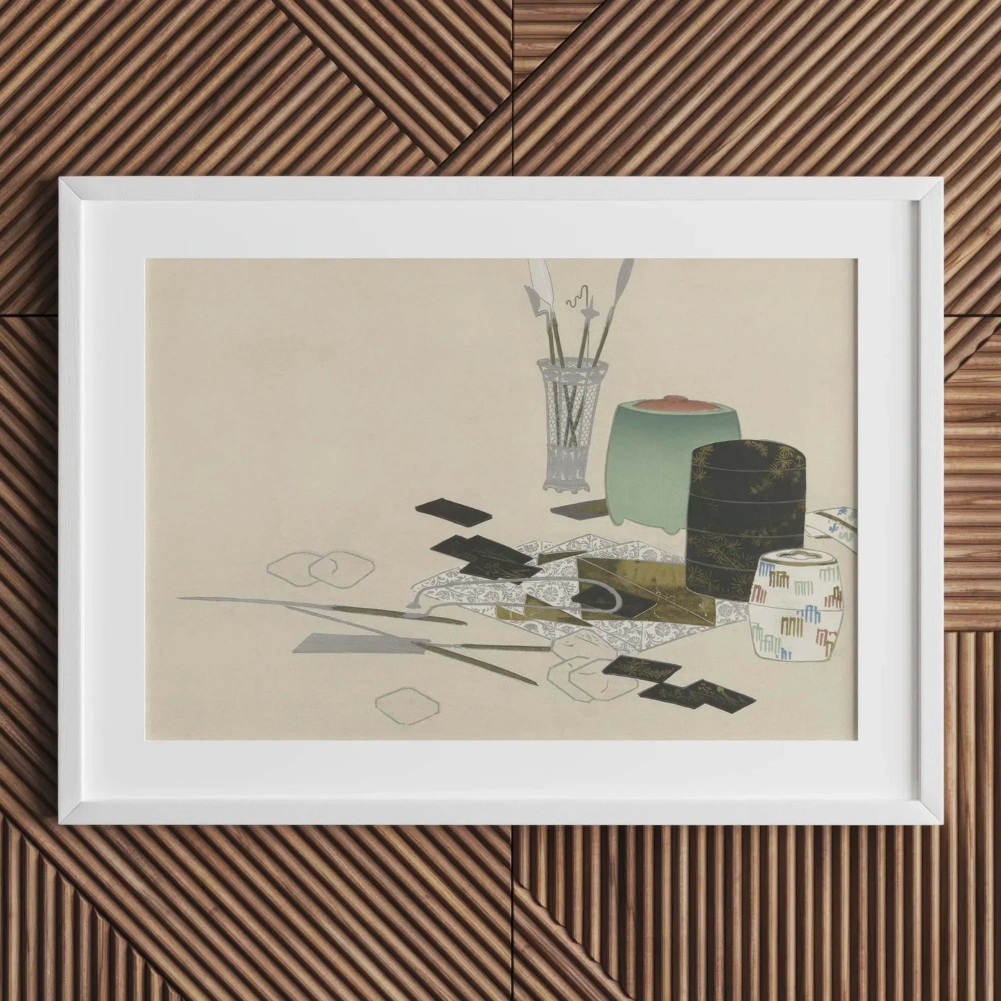 Art Supplies - Kamisaka Sekka Meiji Print, 18x12’’ / 46x31cm / Unframed, Framed Artwork Life Vases Papers Scattered Objects