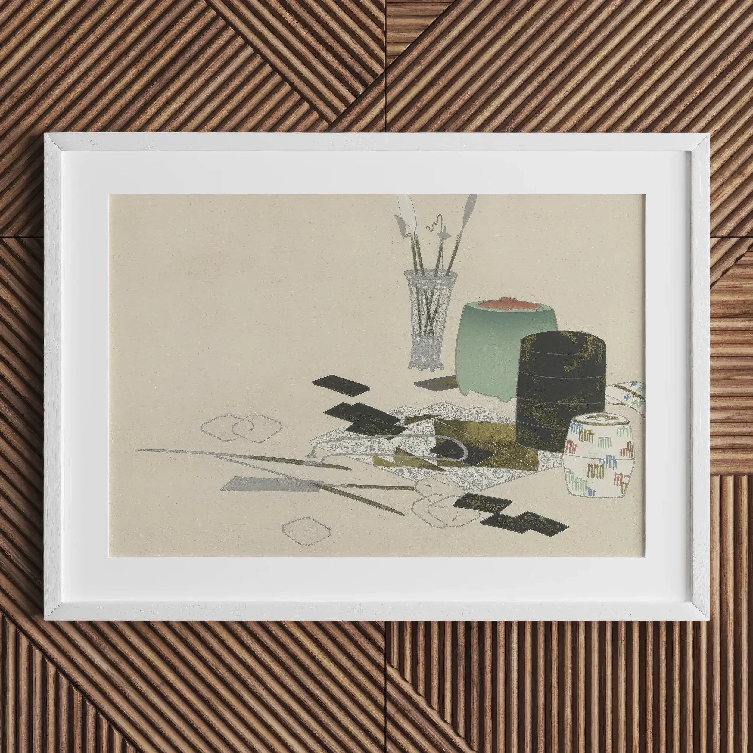 Art Supplies Kamisaka Sekka Meiji Print, 18x12’’ / 46x31cm / Unframed, Framed Artwork Life Vases Papers Scattered Objects