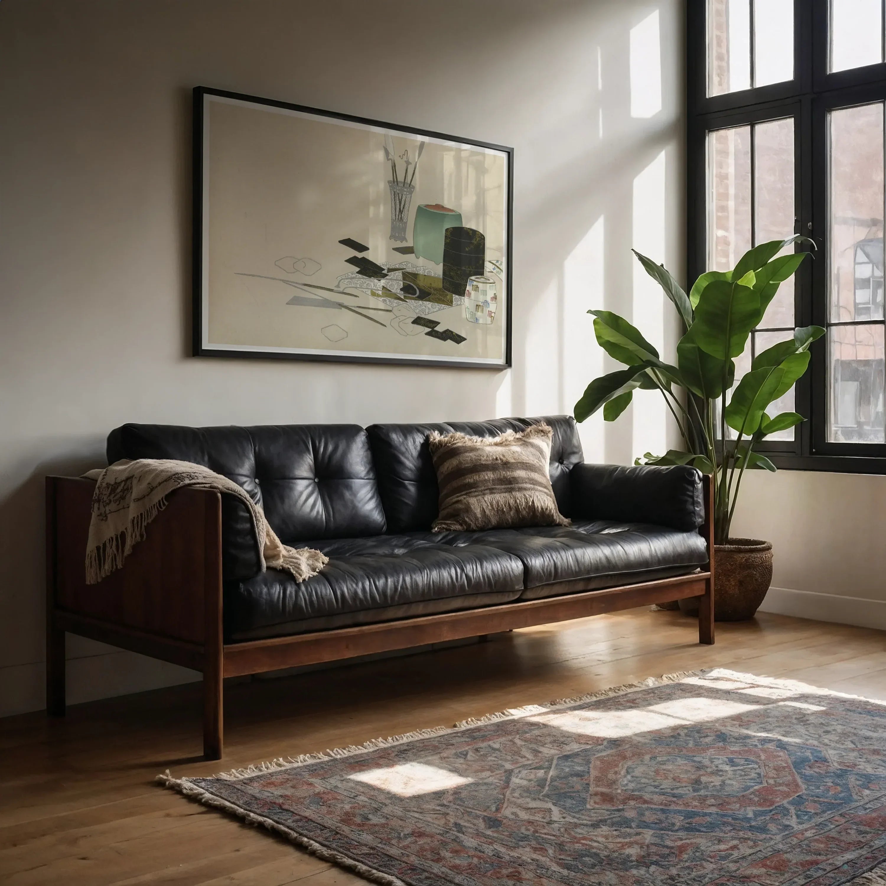 Art Supplies Kamisaka Sekka Meiji Print, 60x40’’ / 152x101cm / Unframed, Black Leather Wood Framed Sofa Tufted