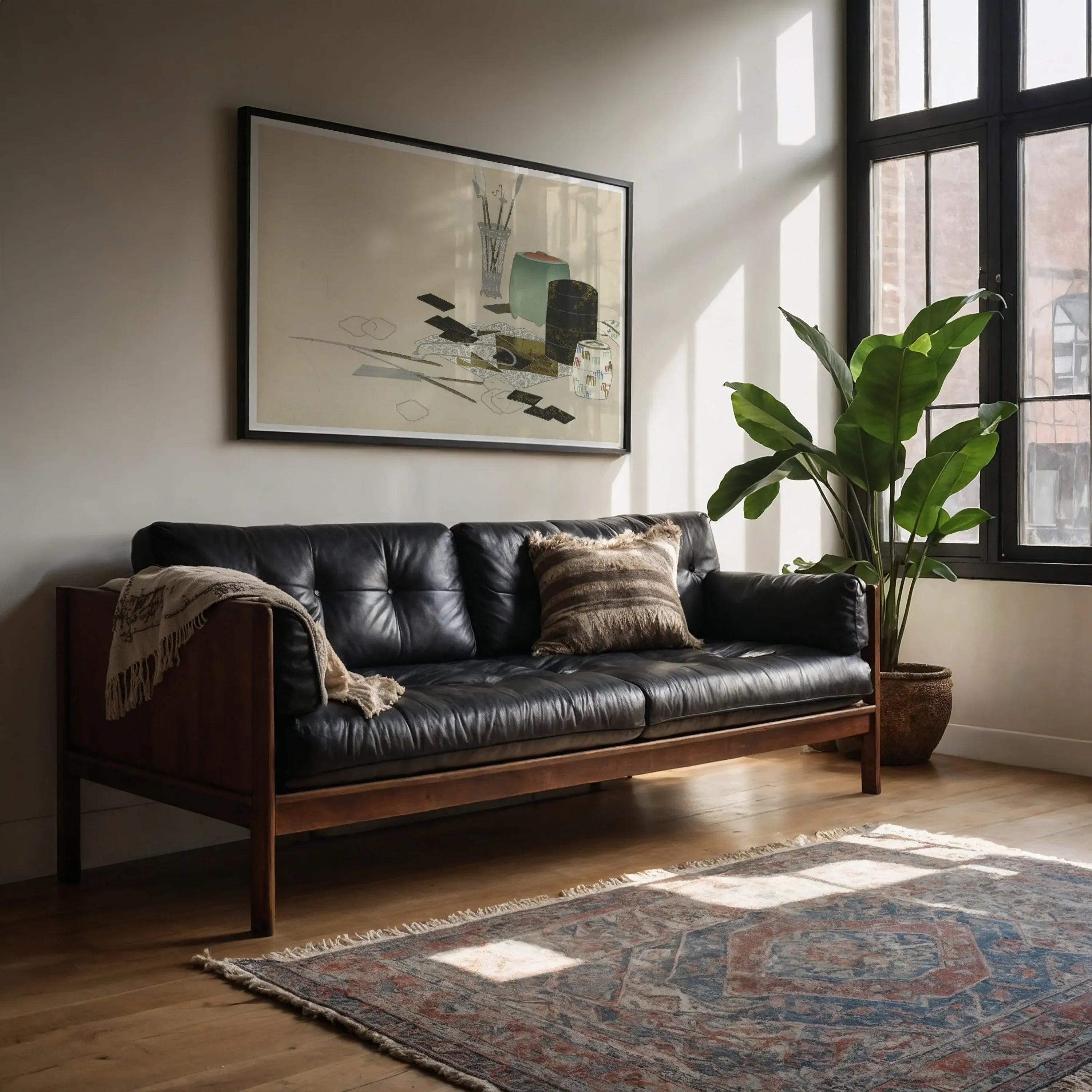 Art Supplies - Kamisaka Sekka Meiji Print, 60’’x40’’ / Unframed, Black Leather Wood-framed Sofa Tufted