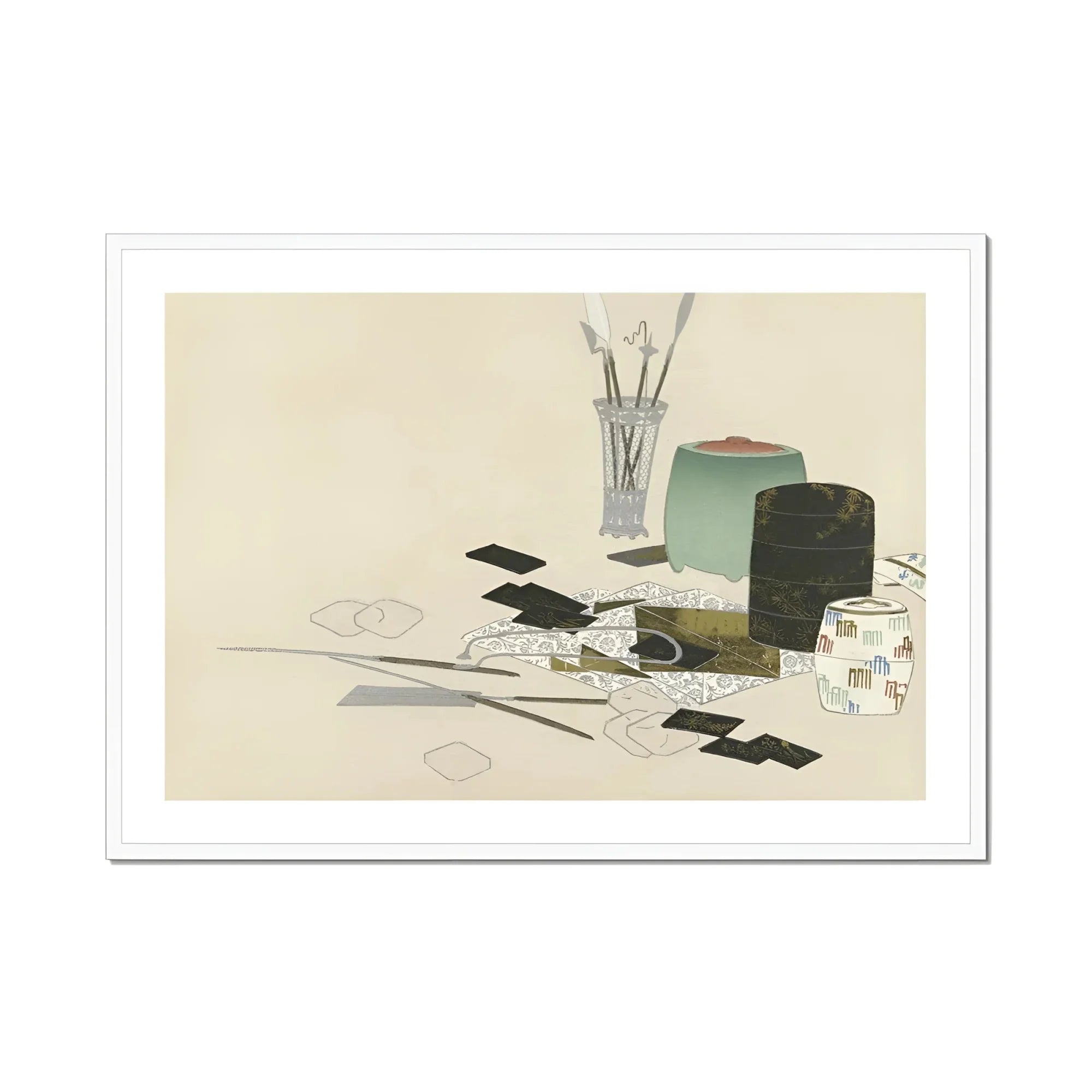 Art Supplies - Kamisaka Sekka Meiji Print, Life Arrangement Art Supplies Brushes Vase Paint Boxes