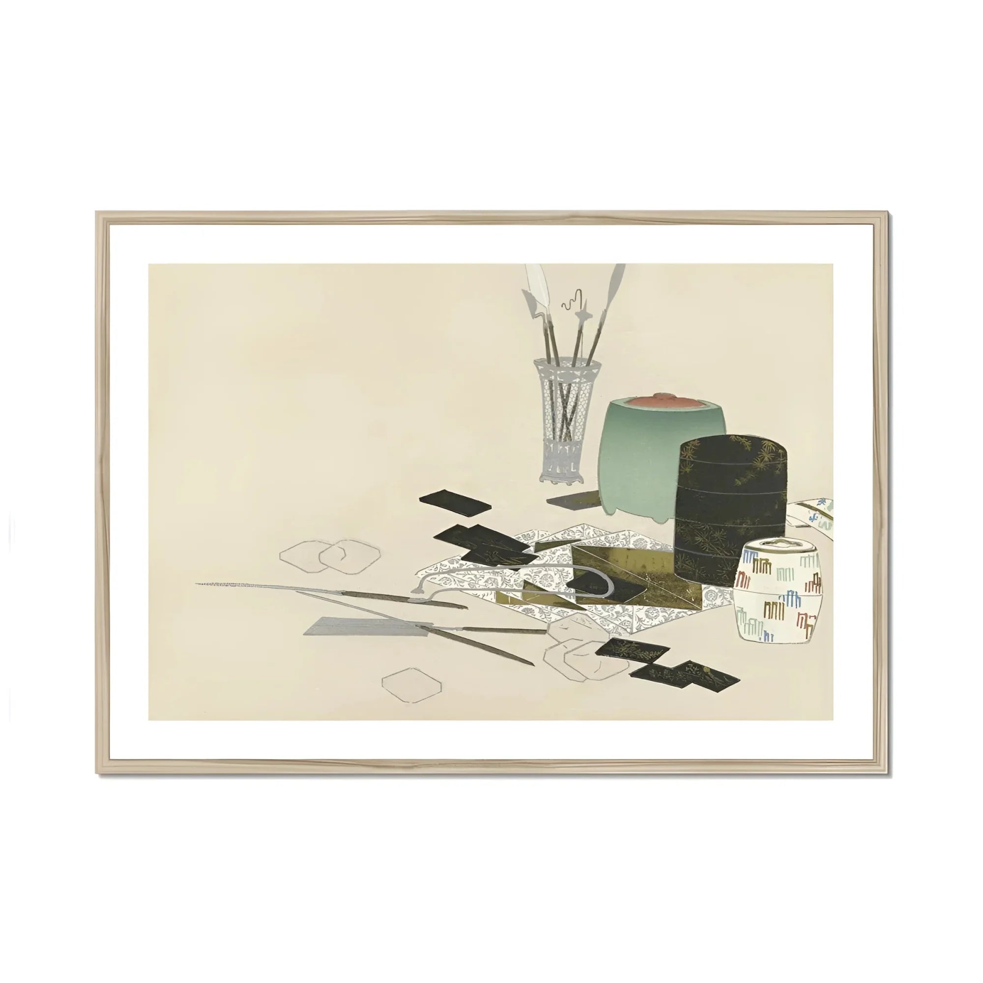 Art Supplies - Kamisaka Sekka Meiji Print, Life Arrangement Art Supplies Brushes Vase Paint Boxes