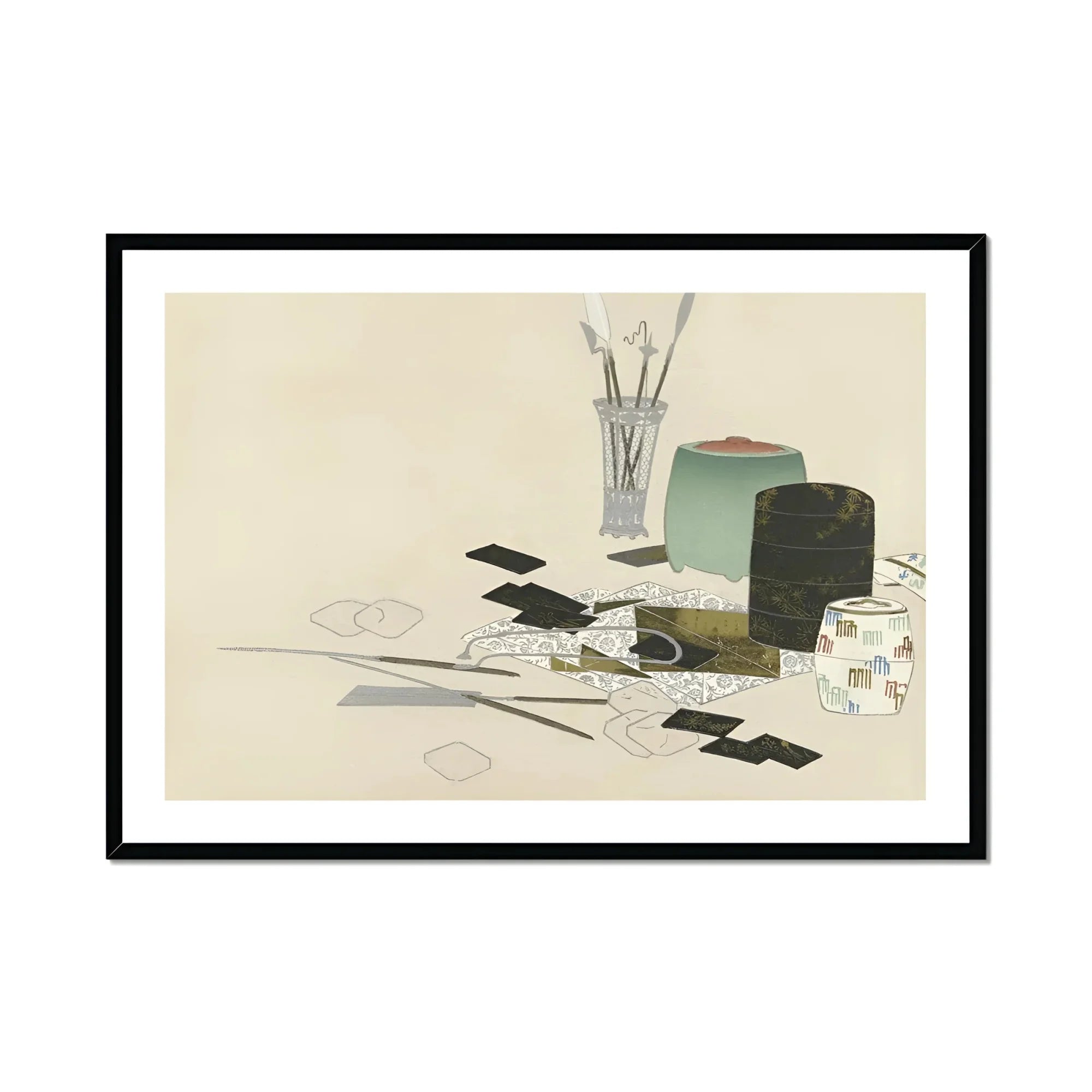 Art Supplies - Kamisaka Sekka Meiji Print, Life Arrangement Art Supplies Brushes Vase Scattered Photographs