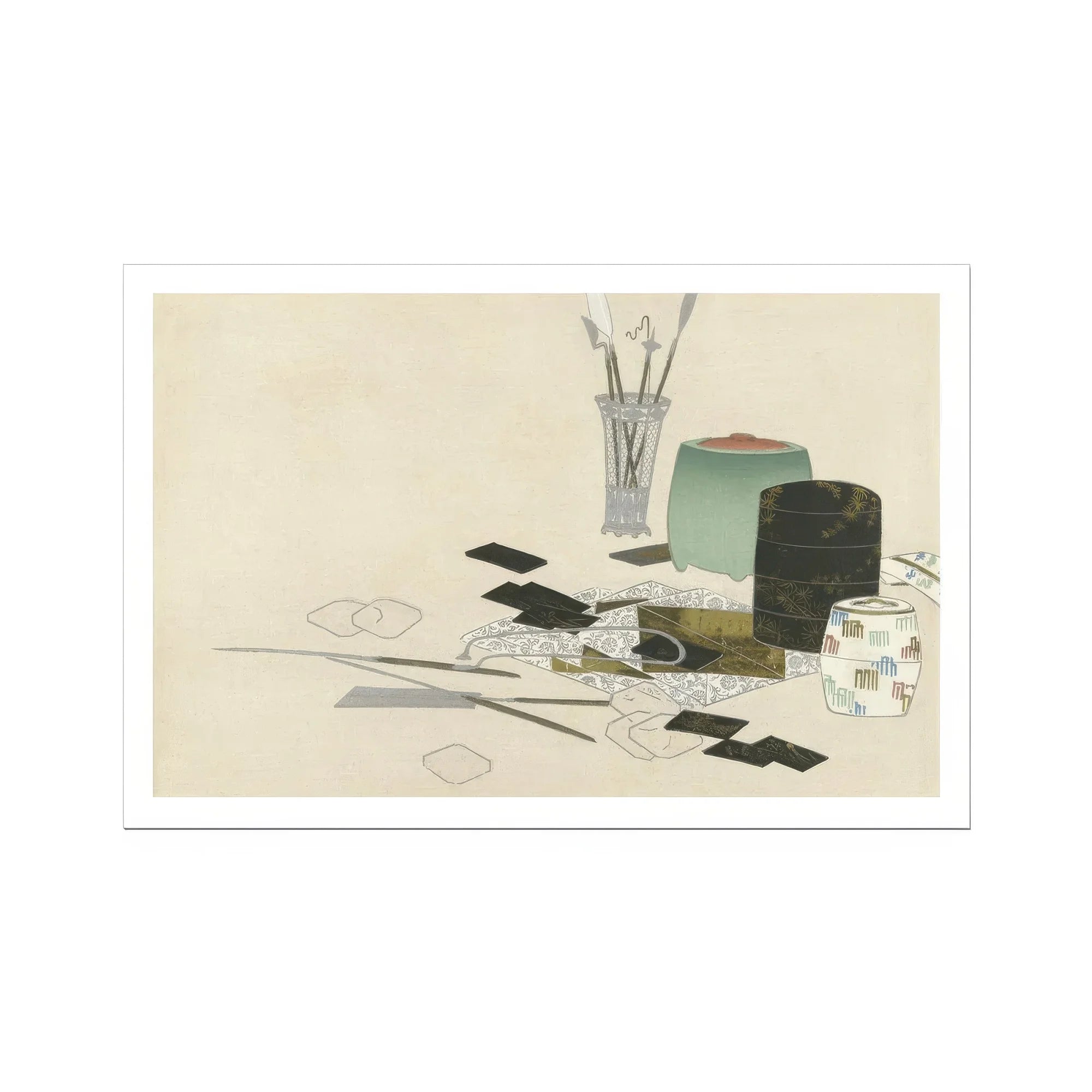 Art Supplies - Kamisaka Sekka Meiji Print, Life Arrangement Office Supplies Flowers Vase Scattered Papers
