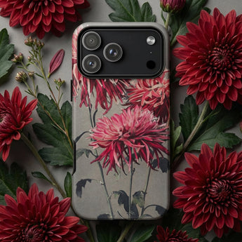 Asa–dsuma–bune - Kazumasa Ogawa Floral Phone Case Phone Case Detailed Illustration Vibrant Red Chrysanthemums Green Kazumasa Ogawa,