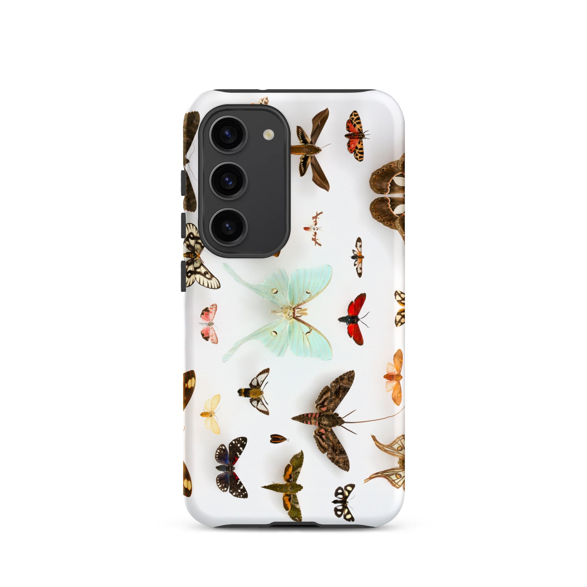 Assorted Moths Flying Creatures Taxonomy Samsung Case, Galaxy S23 / Matte, White Phone Case Adorned Colorful Butterfly Moth Illustrations