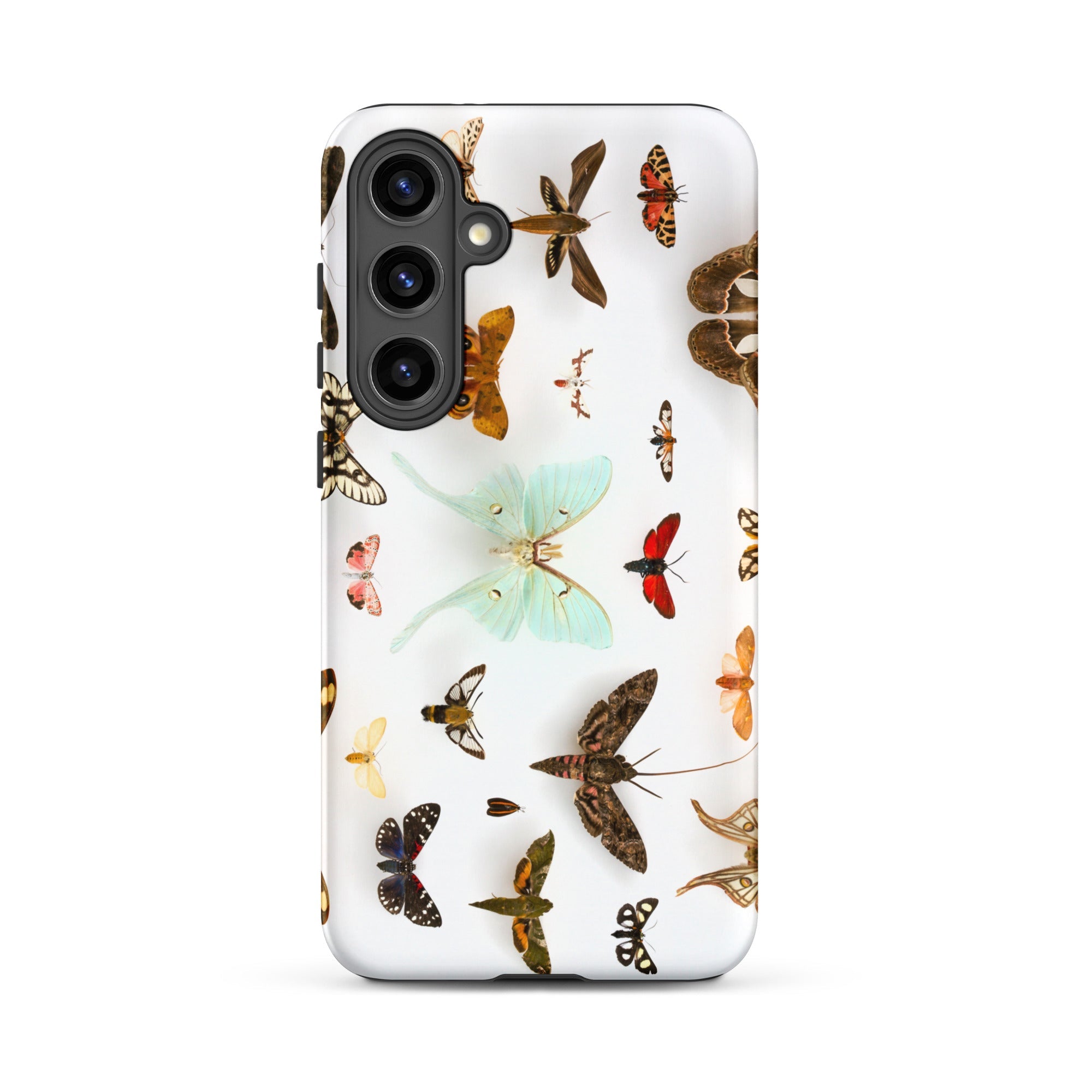Assorted Moths Flying Creatures Taxonomy Samsung Case, Galaxy S24 Plus / Matte, White Phone Case Adorned Colorful Butterfly Moth