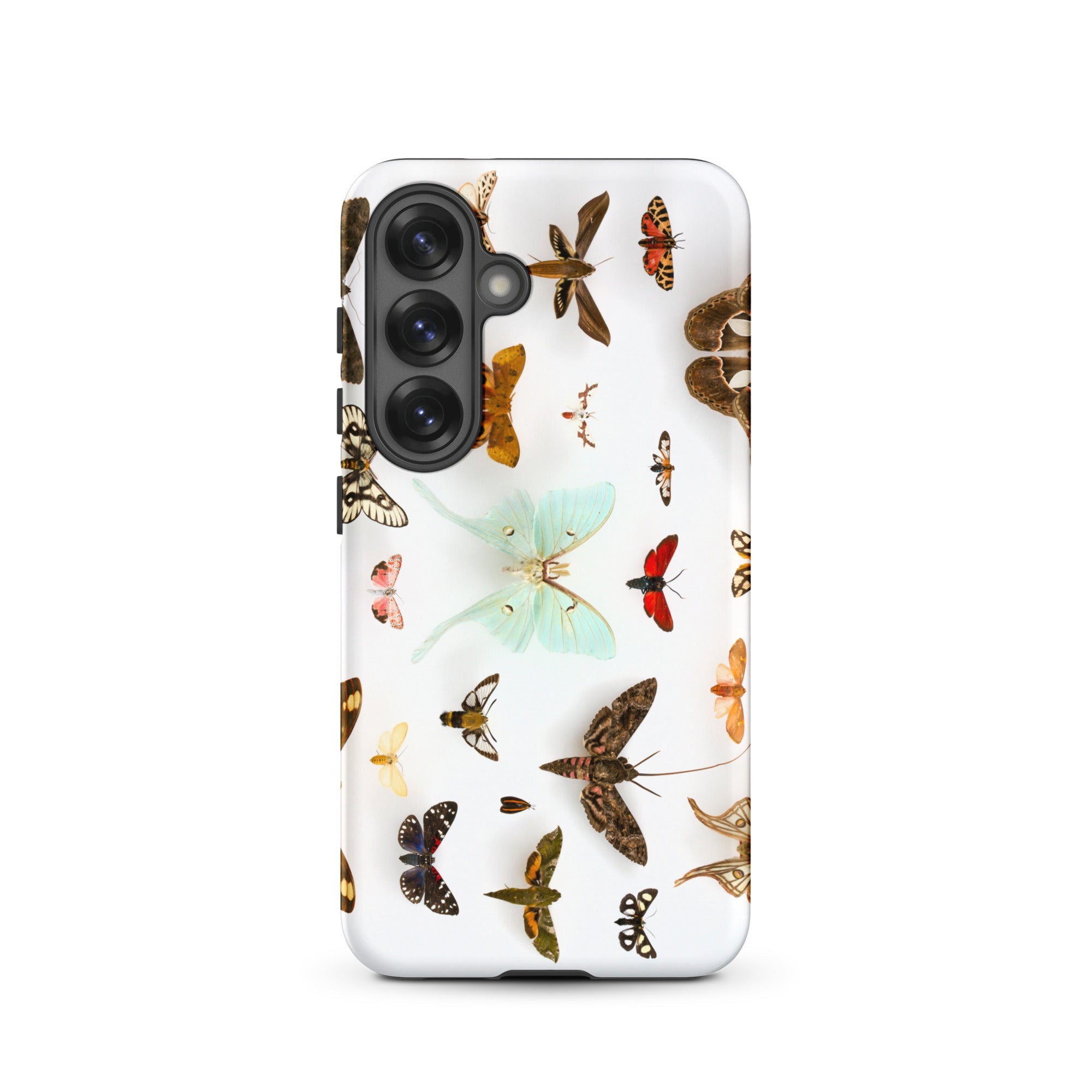 Assorted Moths Flying Creatures Taxonomy Samsung Case, Galaxy S25 / Matte, White Phone Case Colorful Butterfly Moth Pattern