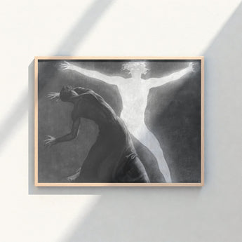 Minimalist Wooden-framed Black-and-white Artwork Dramatic Ethereal Figure Outstretched Hypnotist Exudes Sculptural, Sascha Schneider Art