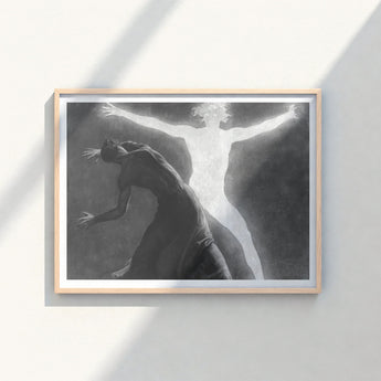 Minimalist Light Wood-framed Black White Artwork Two Figures Hypnotist Exudes Sculptural, Sascha Schneider Art Print, Invisible Current,