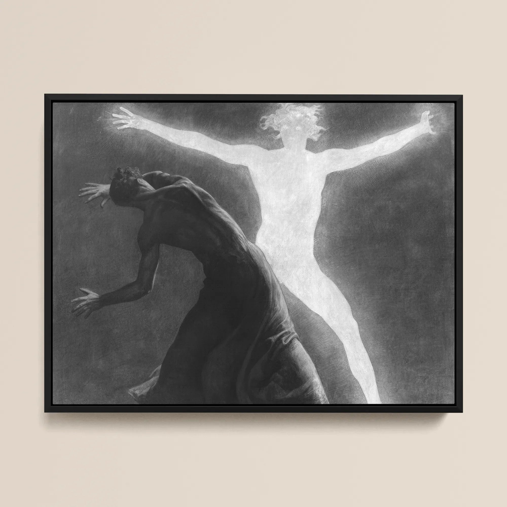 Astral Man - Sascha Schneider Framed Canvas, 16x12’’ / 41x31cm / Black Floating Frame, Framed Black White Artwork Two Figures Dark Contorted