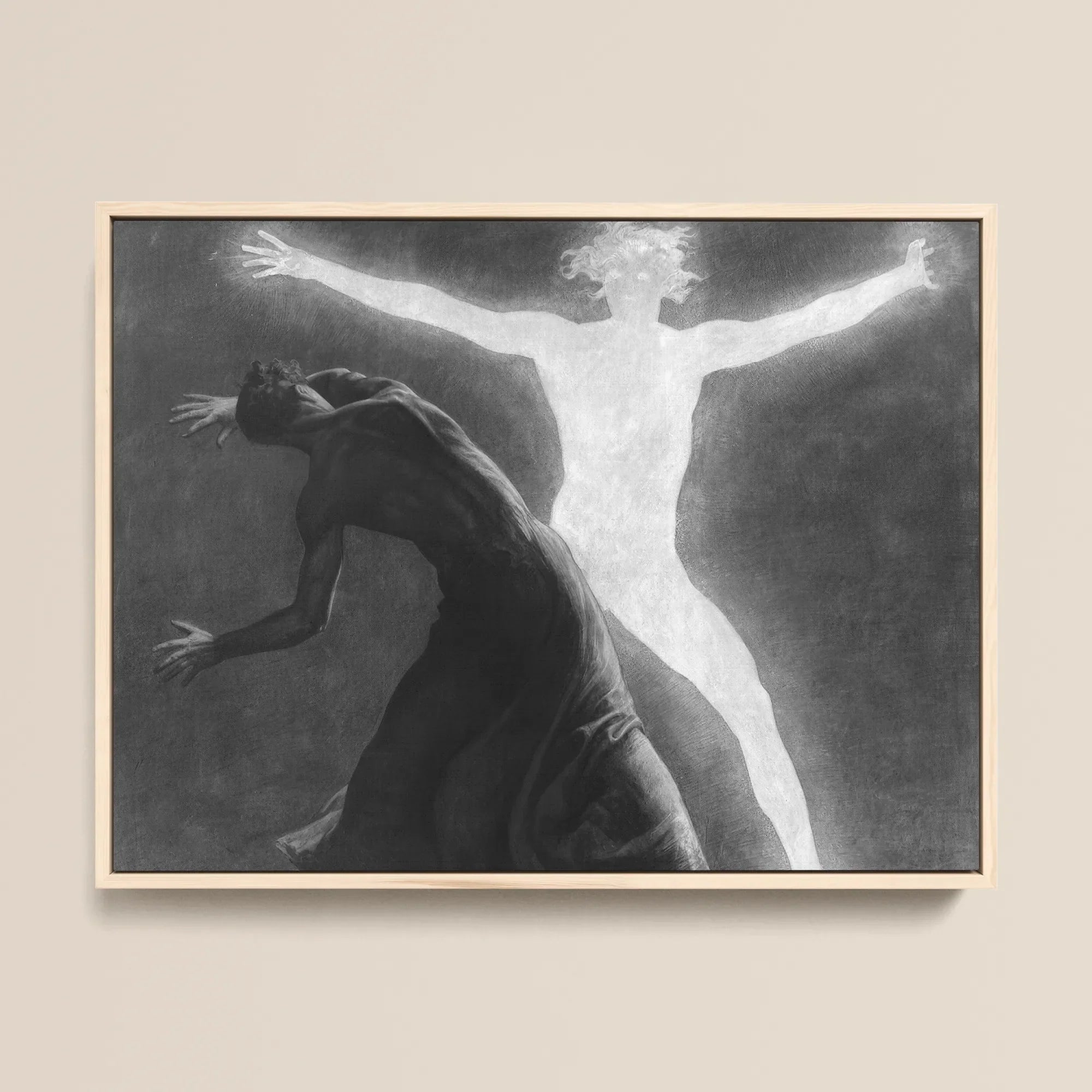 Astral Man - Sascha Schneider Framed Canvas, 16x12’’ / 41x31cm / Natural Floating Frame, Framed Monochromatic Painting Two Figures Dark