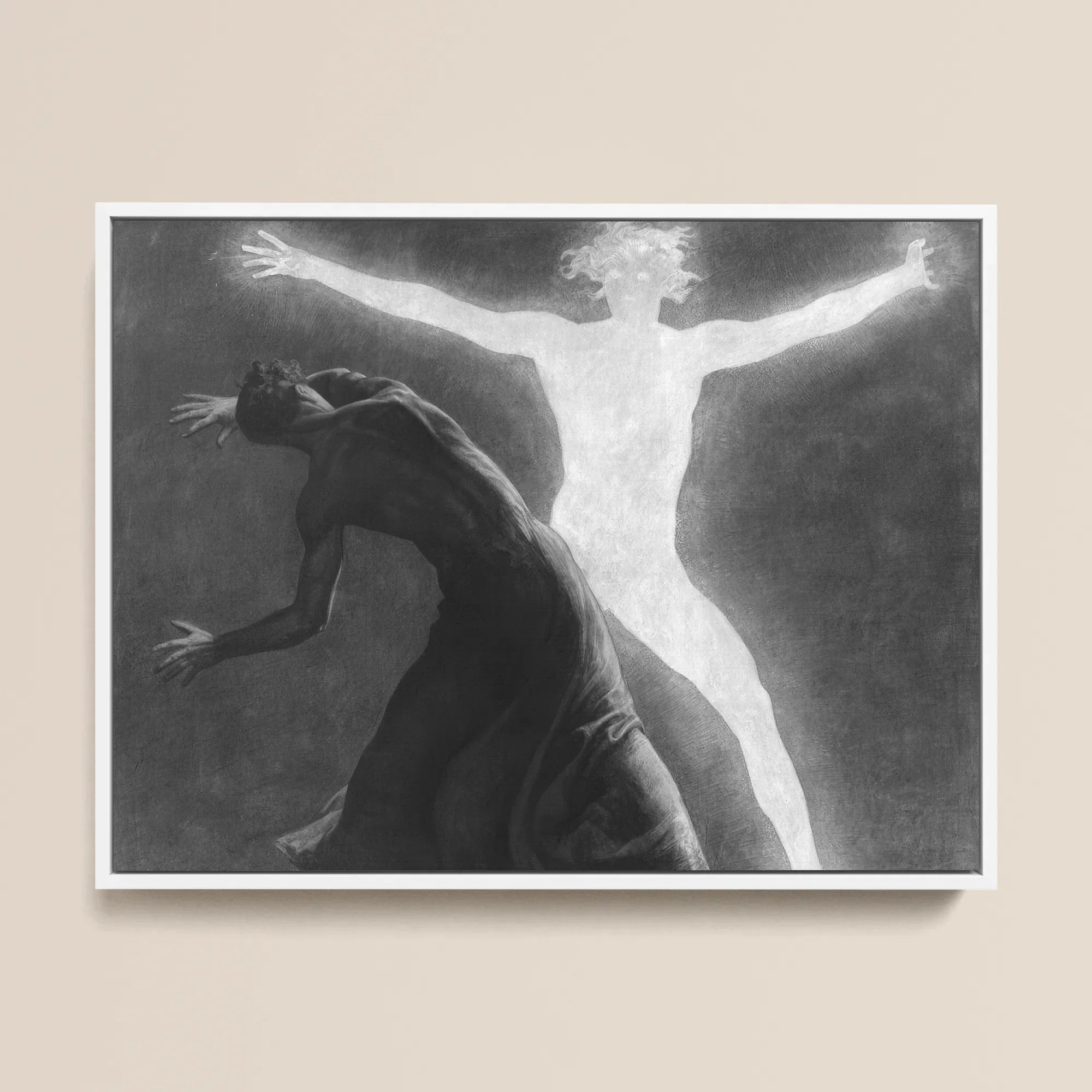 Astral Man - Sascha Schneider Framed Canvas, 16x12’’ / 41x31cm / White Floating Frame, Framed Black White Painting Dark Figure Luminous