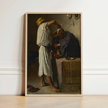 At the Barber Shop - Leon Bonnat Art Print / Canvas Framed Painting Man White Robes Yellow Headscarf Man’s, Prints