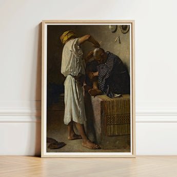 At the Barber Shop - Leon Bonnat Art Print / Canvas Framed Classical Painting Two Figures Dimly Lit Room, Prints
