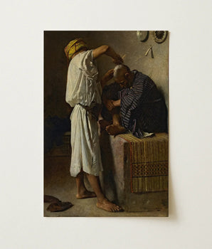 Framed Oil Painting Barber White Robes Yellow Headscarf Bare Feet Drawn, Hands Clasped Low, Academically Trained Painter, Absorbed, North