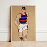 Framed Illustration Muscular Man Red Blue Striped Athletic Athlete Running, Penfield’s, Warm Sand-ochre Field, Edwardian Sporting Ideal,